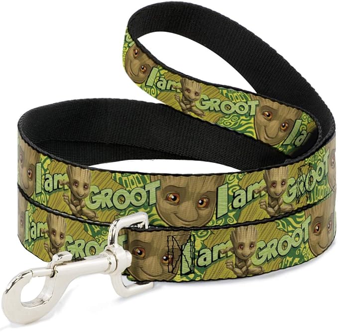 Dog Leash Baby Groot Pose Face I Am Groot Browns Greens Yellows 4 Feet Long 1.0 Inch Wide