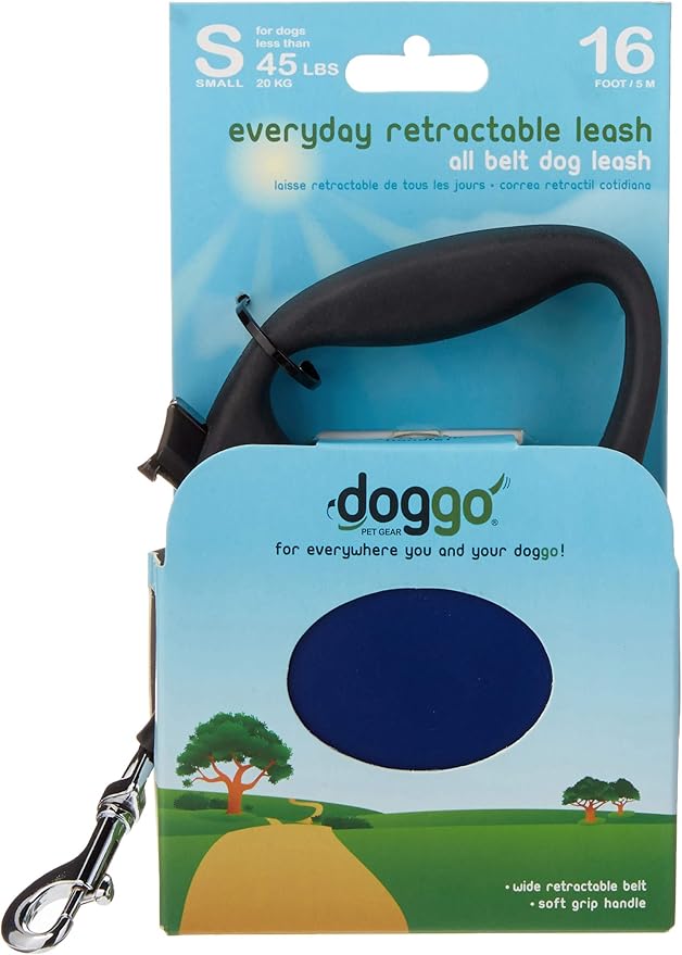 doggo Everyday Retractable Dog Leash, 13' Long Belt, Small for Dogs Up to 45 lbs, Blue with Black Soft Grip Handle