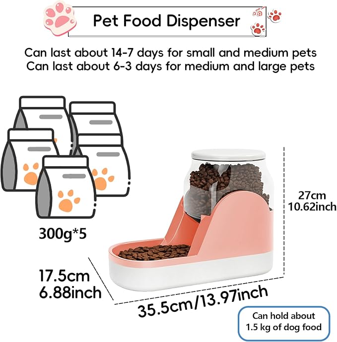 kathson Automatic Dog Food Feeder Gravity Cat Food Dispenser Large Capacity Pet Self Feeding Station Bowl Dish for Small and Medium Dogs Cats,1 Gallon,Pink