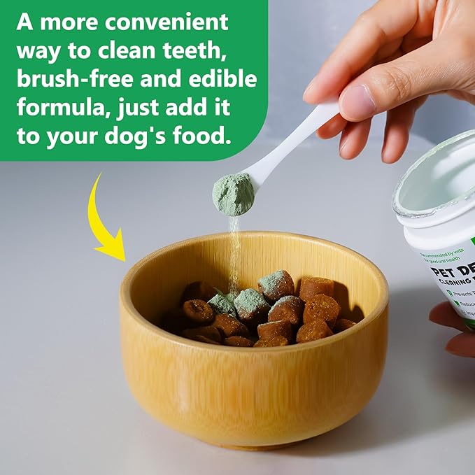 4.23 OZ Dog Teeth Cleaning Powder, Pet Dental Powder for Teeth Cleansing, Bad Breath Freshening, Plaque & Tartar Removal, Dental Care, 120 G
