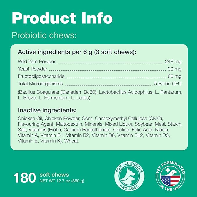 Canine Probiotic Chewables - Gut Health with Probiotics, Prebiotics, Yeast Powder - Vet Formulated for All Dog Breeds & Sizes