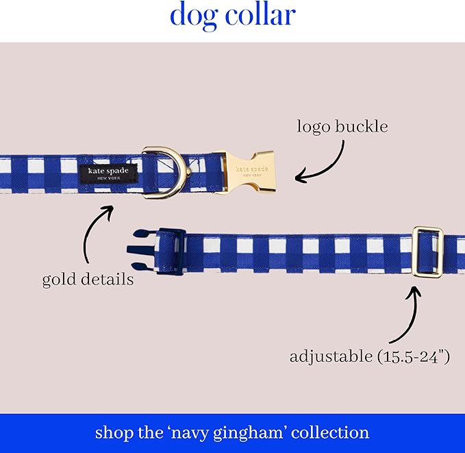 Kate Spade New York Cute Dog Collar, Gold Metal Buckle Dog Collar, 15.5" to 24" Adjustable Dog Collar for Female or Male Dogs, Stylish Dog Collar for Medium and Large Breeds (Navy Gingham)