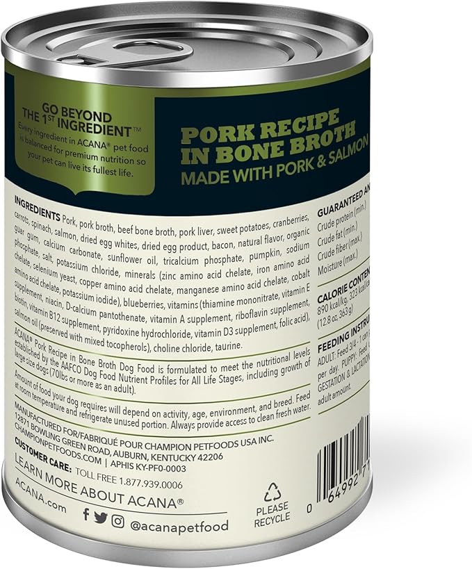 ACANA Premium Chunks Wet Dog Food, Pork Recipe in Beef Bone Broth and Lamb Liver, 12.8oz (Case of 12)