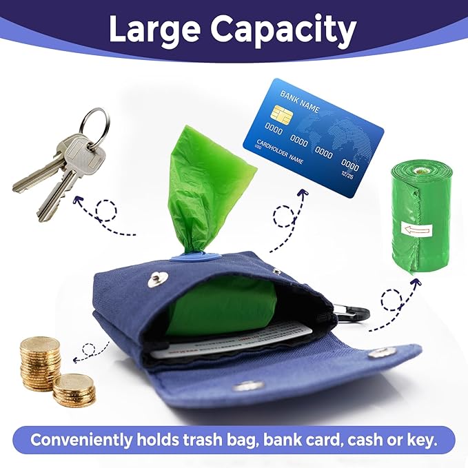 Dog Poop Bag Holder, Portable Dog Poop Bag Dispenser with 1 Metal Clip, Blue Button Canvas Poop Pag Polders for Leashes