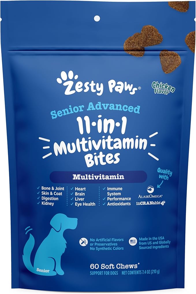 Zesty Paws Multivitamin Treats for Dogs - Glucosamine Chondroitin for Joint Support + Digestive Enzymes & Probiotics - Grain Free Dog Vitamin for Skin & Coat + Immune Health Chicken - Advanced - 60ct