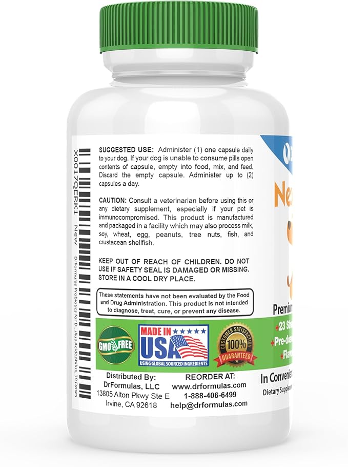 DrFormulas Probiotics for Dogs & Puppies Pets Diarrhea Treatment | Flavorless, Pre-dosed, 23 Premium Nexabiotic Probiotic for Pets with Saccharomyces Boulardii, Lactobacillus Acidophilus, 30 Doses