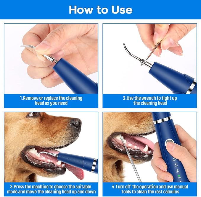 Ultrasonic Dog Teeth Cleaning Kit for Pet Teeth Cleaning, Dog Plaque Remover for Teeth, 5 Modes Dog Tartar Remover for Teeth Care to Remove Stains Calculus, 10 in 1 Pet Cleaner Toothbrush (Blue)