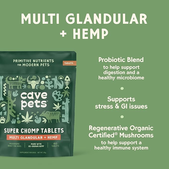 Super Chomp Tablets, Dog Probiotic Supplement for Digestive Health and Natural Relaxation, Multi-Glandular & Hemp