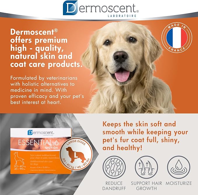 Dermoscent Essential 6 spot-on - Dog Skin Care for Dandruff & Allergy Relief with Vitamin E Oil - Anti Itch for Dogs - Natural Ingredients for Sensitive Skin - Dogs 20-40 kg - 4 Pipettes of 2.4 ml