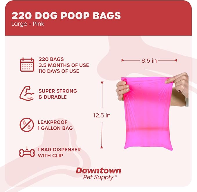 Downtown Pet Supply 220 Count Dog Poop Bags Refills with Leash Clip and Bone Bag Dispenser, Pink - Dog Waste Bags Unscented and Leak-Proof with Dog Poop Bag Dispenser - 12.5 x 8.5"