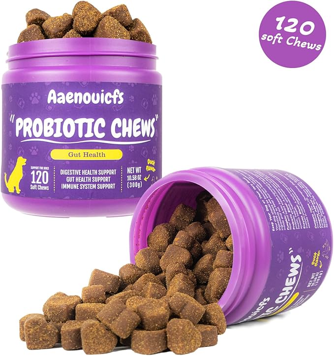 Probiotics for Dogs,Dog Probiotics and Digestive Enzymes,Health and Immune Support. Relieves Constipation, Bad Breath, Flatulence and Upset Stomach. Veterinarian Developed,120 Chews, Duck Flavor.