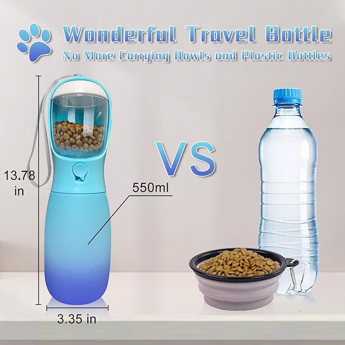 2-in-1 Portable Dog Water Bottle, Food Grade Travel Water Bottle for Dogs with Food Container, 19Oz Portable Dog Water Bowl Dispenser, Dog Birthday Gifts, Dog Accessories (Blue)
