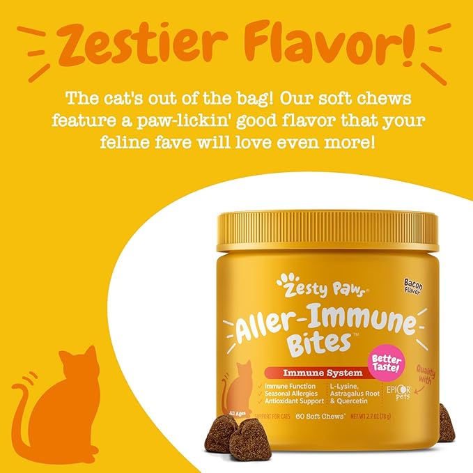 Zesty Paws Cat Allergy Relief - Anti Itch Supplement - Omega 3 Probiotics - Salmon Oil Digestive Health - Soft Chews for Skin & Seasonal Allergies - with Epicor Pets - Bacon - 60 Count