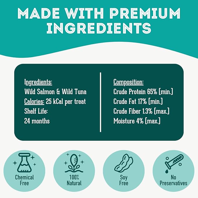 Dehydrated Protein Wild Salmon & Tuna Treat for Dogs & Cats Slowly Dehydrated Raw Single Ingredient Keep Nurtients Vitamins and Healthy Oils Made