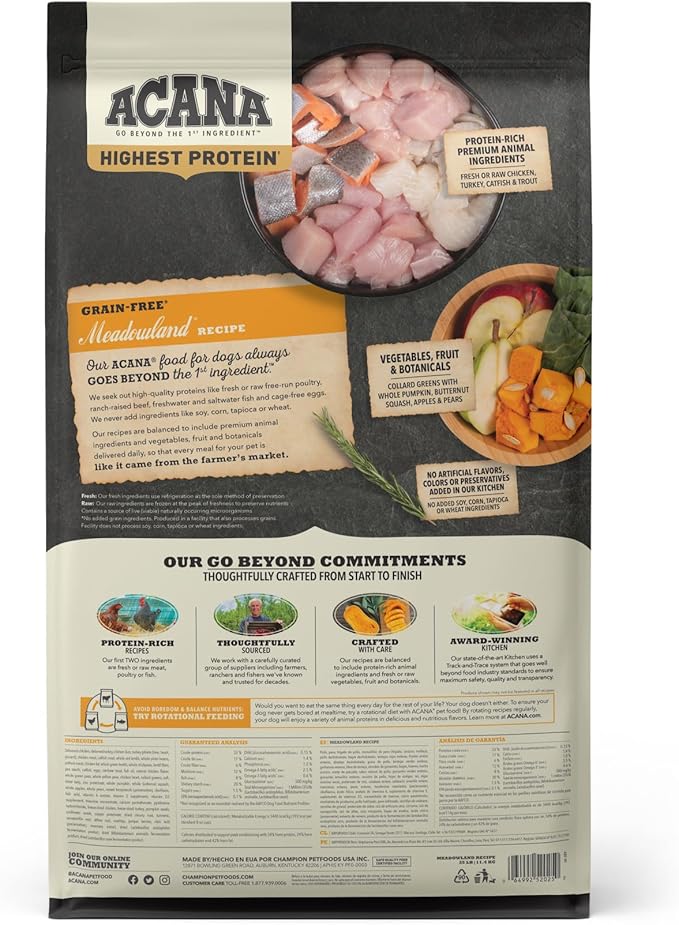 ACANA Highest Protein Dry Dog Food, Meadowland, Chicken and Turkey Recipe, 25lb