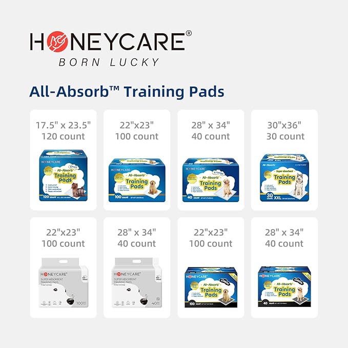 HONEY CARE All-Absorb, Large 22" x 23", 100 Count, Dog and Puppy Training Pads, Ultra Absorbent and Odor Eliminating, Leak-proof 5-Layer Potty Training Pads with Quick-dry Surface, Blue, A01