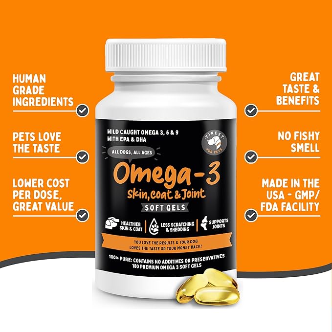 100% Pure Omega 3 Fish Oil Soft Gels for Dogs - Organic Skin, Coat & Joint Supplement - Boost Joint Health, Anti-Shedding & Itch Relief - Ideal for Medium to Large Dogs