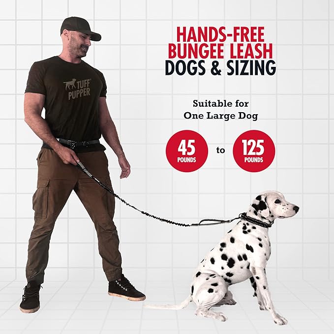 Tuff Pupper Heavy Duty Hands Free Dog Leash | One Large Dog Up to 125 lbs | Comfortable Shock Absorbing Bungee | Reflective Padded Handles | Lumbar Waist Belt 22-45" | Walking Jogging Running Leash