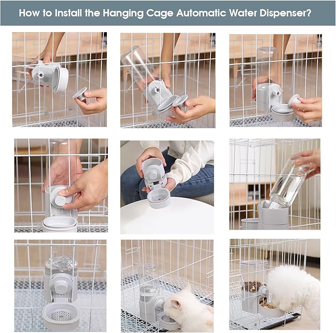 Hanging Cage Automatic Small Pet Food Bowl Water Bottle Dispenser, Detachable Auto Gravity 1.2L Self-Feeding Feeder and 0.52L Waterer Set Kennel Feeding Station for Puppy Cats Rabbit(Grey)