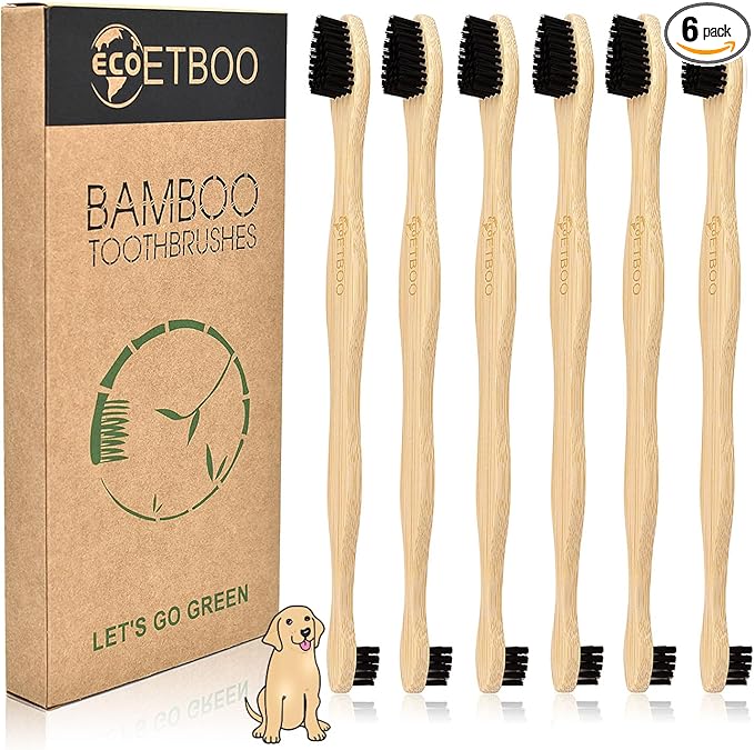 Dog Toothbrush,Pets Bamboo Tooth Brush Double-Sided Small & Large Head Toothbrushes for Dogs Cats,Biodegradable Eco-Friendly Teeth Cleaning Tool (Black 6 Pack)