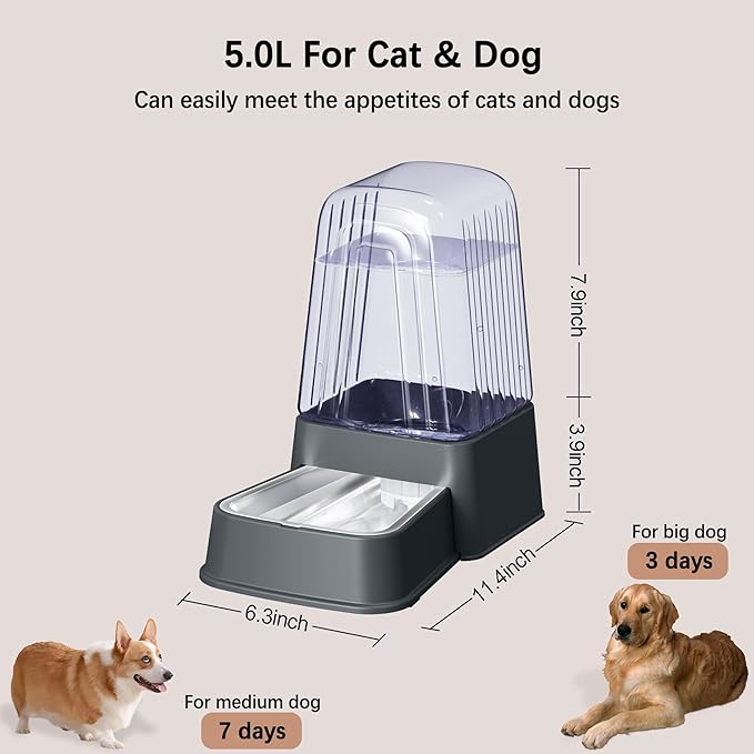 Automatic Dog Water Dispenser, Gravity Cat Water Dispenser with Stainless Steel Bowl, 100% BPA-Free, 5L Large Capacity Pet Water Dispenser for Cats Dogs Pets