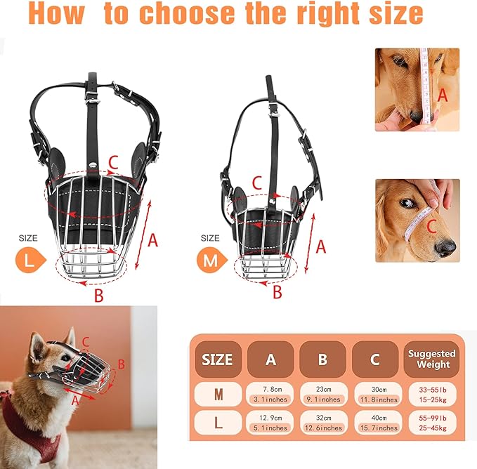 Dog Muzzle, Dog Metal Face Basket, Dog Mouth Breathable Adjustable Leather Leash Suitable for Large Medium-Sized Dogs (L)