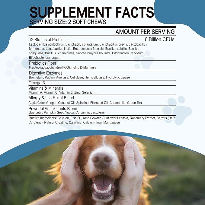 Probiotics for Dogs, Dog Probiotics for Yeast Infection, Itchy Skin and Itchy Ears, Gut Health for Dogs Pet Probiotics Chews Diarrhea Treatment Enzymes treats Digestive Health Stomach Relief