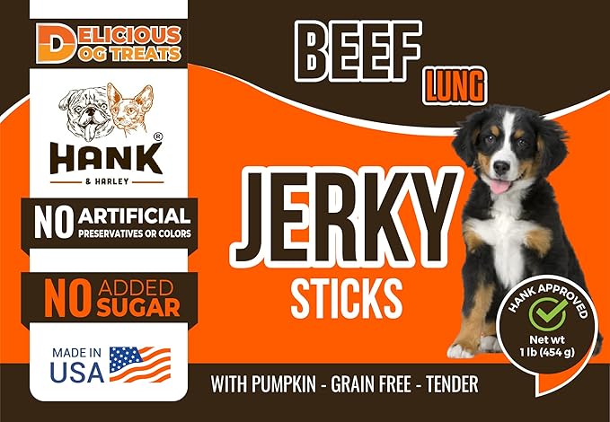 Hank & Harley Jerky Sticks Beef Lung 1 lb - USA Lean Protein Soft Dog Treats with Pumpkin. 100% Natural, NO Added Sugar, Flour or fillers. Ideal for finicky Pets