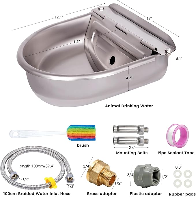 1 Gal Extra Large Automatic Horse Waterer Stainless Steel Dog Water Bowl Dispenser with Brass Float Valve Auto Fill Livestock Water Trough for Dogs Chicken Farm Animal