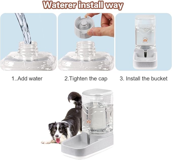 Automatic Dog Cat Gravity Water Bowl Dispenser Cat Water Fountain Large Capacity 3.8L,1 Gallon Large Capacity for Small Medium Pets (Grey Waterer)