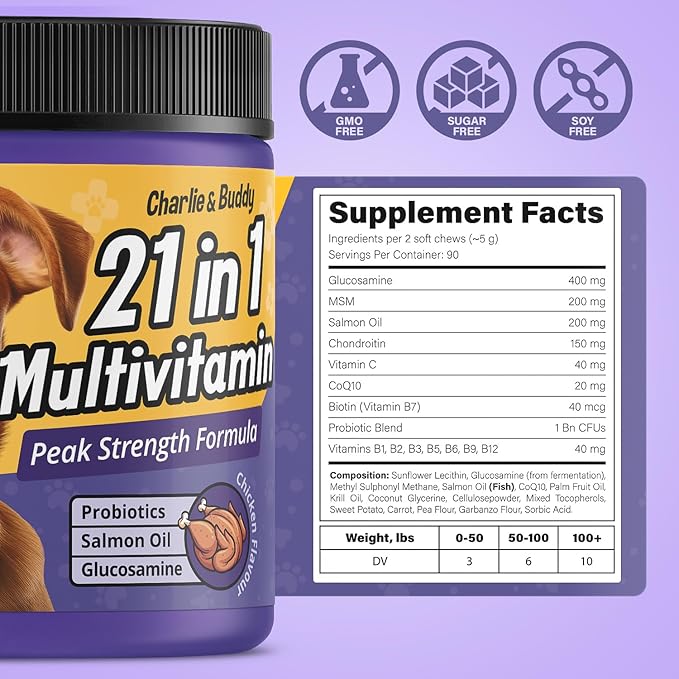 Charlie & Buddy Dog Multivitamin 21 in1 - Dog Vitamins and Supplements with Vitamin C Multivitamin for Dogs - Chicken Flavour Dog Vitamins Soft Chews - 90ct