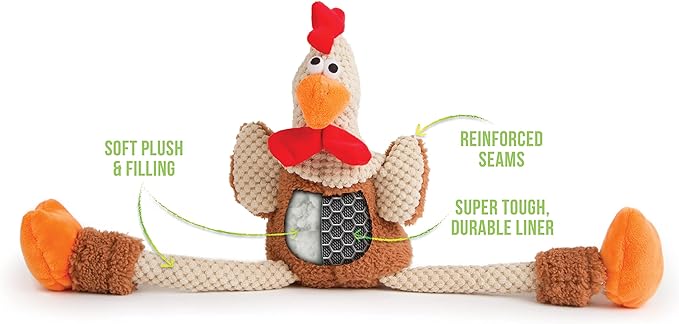 goDog Checkers Skinny Rooster Squeaky Plush Dog Toy, Chew Guard Technology - Brown, Large