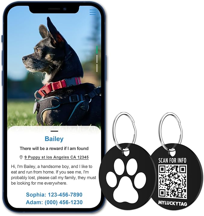 MYLUCKYTAG Stainless Steel QR Code Pet ID Tags Dog Tags - Pet Online Profile - Scan QR Receive Instant Pet Location Alert Email