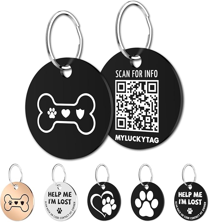 MYLUCKYTAG Stainless Steel QR Code Pet ID Tags Dog Tags - Pet Online Profile - Scan QR Receive Instant Pet Location Alert Email
