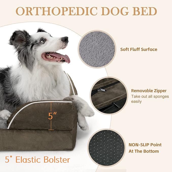 XL Dog Bed for Extra Large Dogs, Waterproof Orthopedic Foam Dog Beds with Bolster, Washable Dog Bed Sofa Pet Bed with Removable Cover & Non-Slip Bottom(X-large,Dark Green)