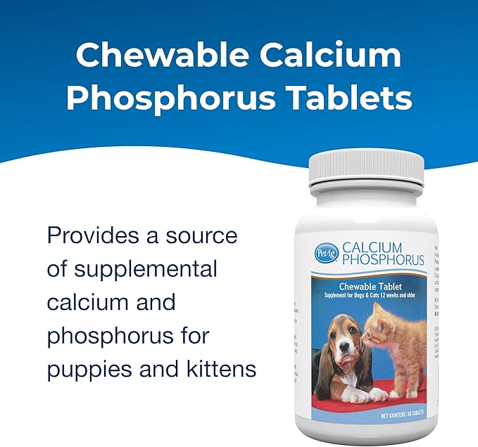 Pet-Ag Calcium Phosphorus Tablets - 50 Tablets - Daily-Use, Chewable Supplement for Dogs & Cats 12 Weeks and Older - Fortified with Vitamin D