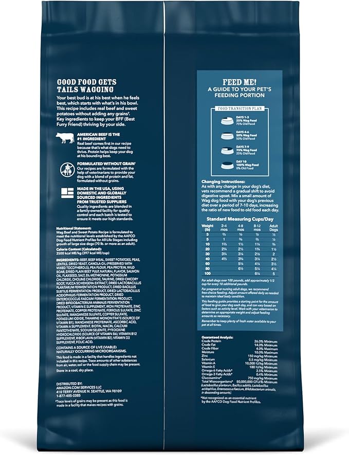 Amazon Brand - Wag Dry Dog Food Beef & Sweet Potato, Grain Free 4 lb Bag