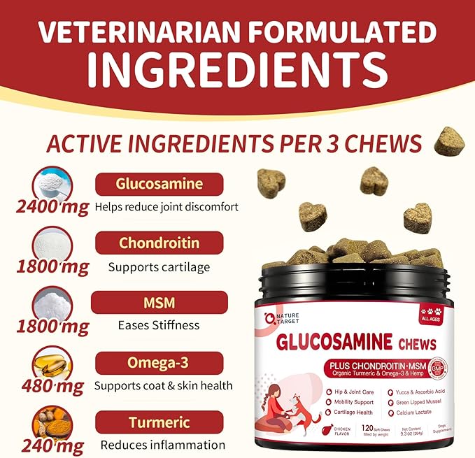 Glucosamine for Dogs, Joint Supplement for Dogs with Chondroitin, MSM, Omega-3, Hemp for Pain Relief, Hip and Joint Chews for Dogs with Calcium for Bone Health, 120 Soft Chews