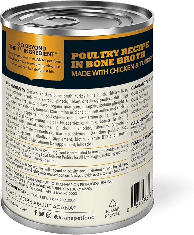 ACANA Premium Chunks Wet Dog Food, Poultry Recipe in Chicken and Turkey Bone Broth, 12.8oz (Case of 12)