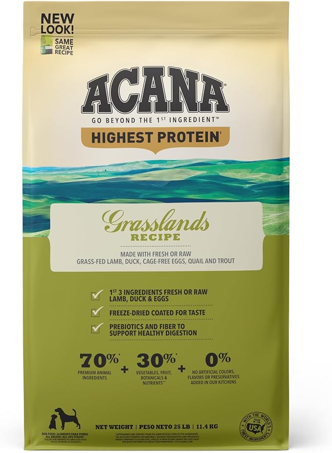 ACANA Highest Protein Dry Dog Food, Grasslands, Lamb and Duck Recipe, 25lb
