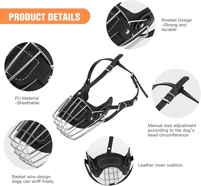 Dog Muzzle, Dog Metal Face Basket, Dog Mouth Breathable Adjustable Leather Leash Suitable for Large Medium-Sized Dogs.