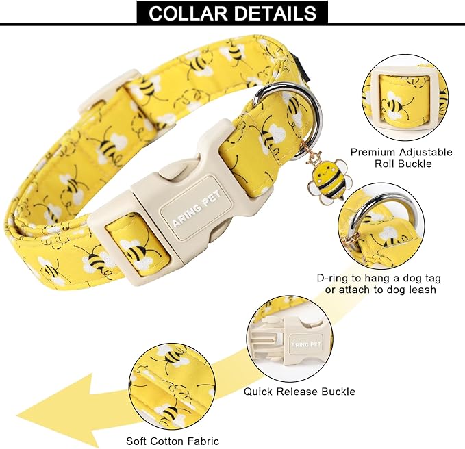 ARING PET Bees Dog Collar-Cute Dog Collar for Small Dogs, Adjustable Yellow Bees Print Pet Collars Puppy Collar for Small Medium Large Dogs