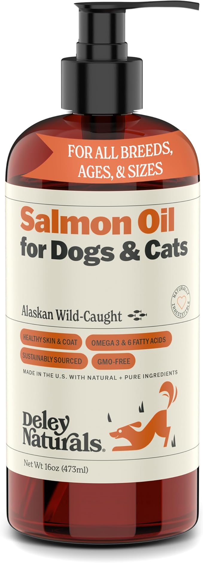 Deley Naturals Premium Alaskan Wild Caught Salmon Oil for Dogs and Cats - Omega-3 Rich Fish Oil Supplement for Healthy Skin, Coat, and Joints - All-Natural, Sustainably Sourced - 16 Oz