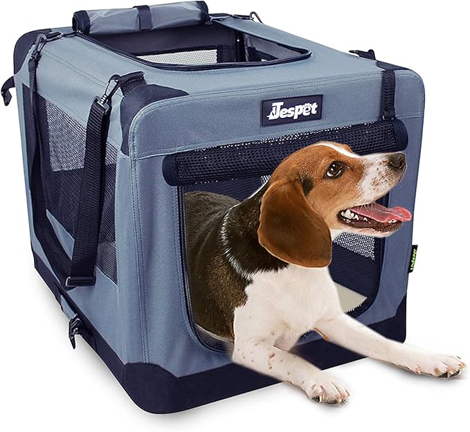 JESPET 36'' Soft Pet Crates Kennel, 3 Door Soft Sided Folding Travel Pet Carrier with Straps and Fleece Mat for Dogs, Cats, Indoor/Outdoor Use with Black (36" L x 24" W x 27" H, Grey)