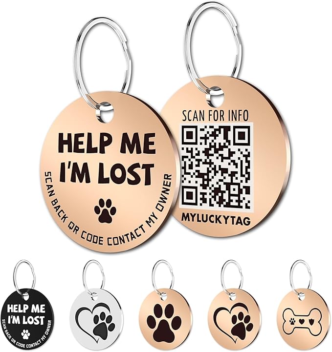 MYLUCKYTAG Stainless Steel QR Code Pet ID Tags Dog Tags - Pet Online Profile - Scan QR Receive Instant Pet Location Alert Email