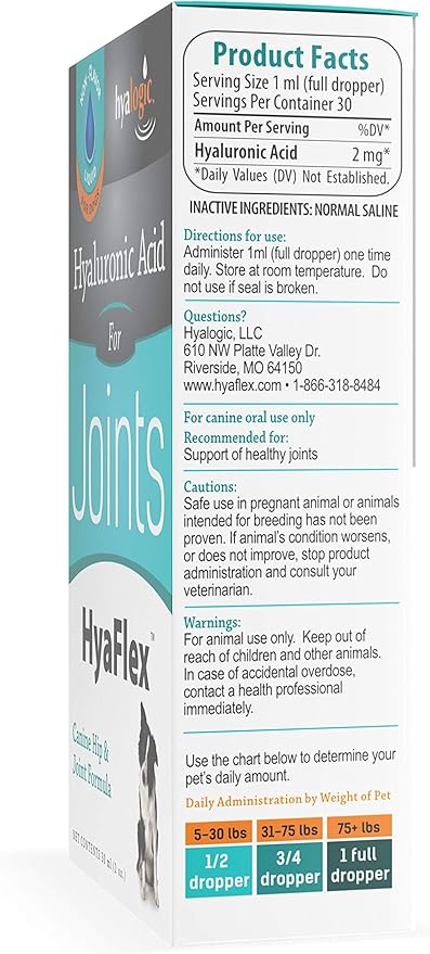 Dog Joint Supplement, Hyalogic Hyaluronic Acid Joint Supplement for Dogs, HyaFlex - 30-60 Day Supply, 1oz HA Canine Joint Support, Cartilage Supplement & Dog Coat Supplement, W/ No Fuss Liquid Dropper
