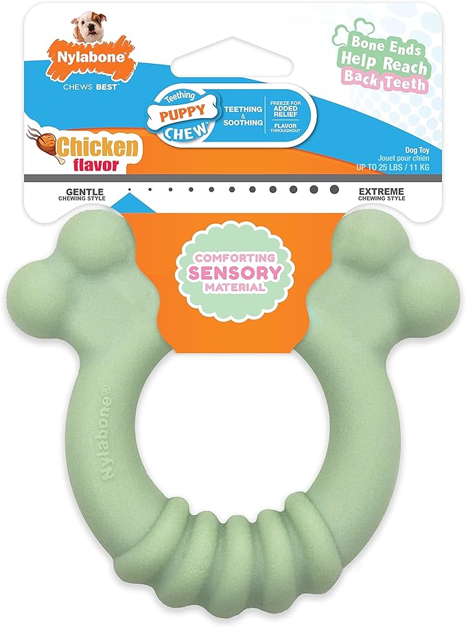 Nylabone Sensory Material Puppy Chew Toy Ring - Puppy Teething Toy for Boredom & Stimulation - Puppy Supplies - Chicken Flavor, Small/Regular (1 Count)