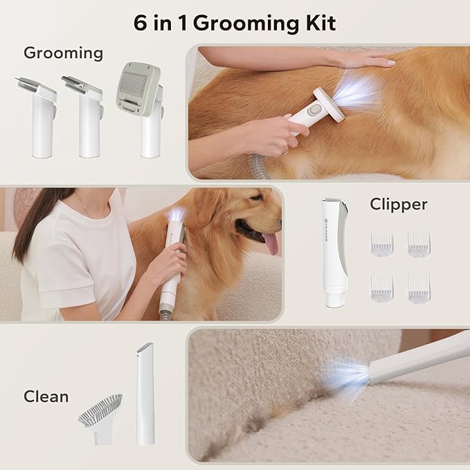 Dog Grooming Vacuum for Shedding - Dog Grooming Kit with 6 Proven Tools for Deshedding Dematting Trimming and Cleaning Vacuum Suction 99% Pet Hair, 3.2L Dust Box, 3 Modes with Low Noise