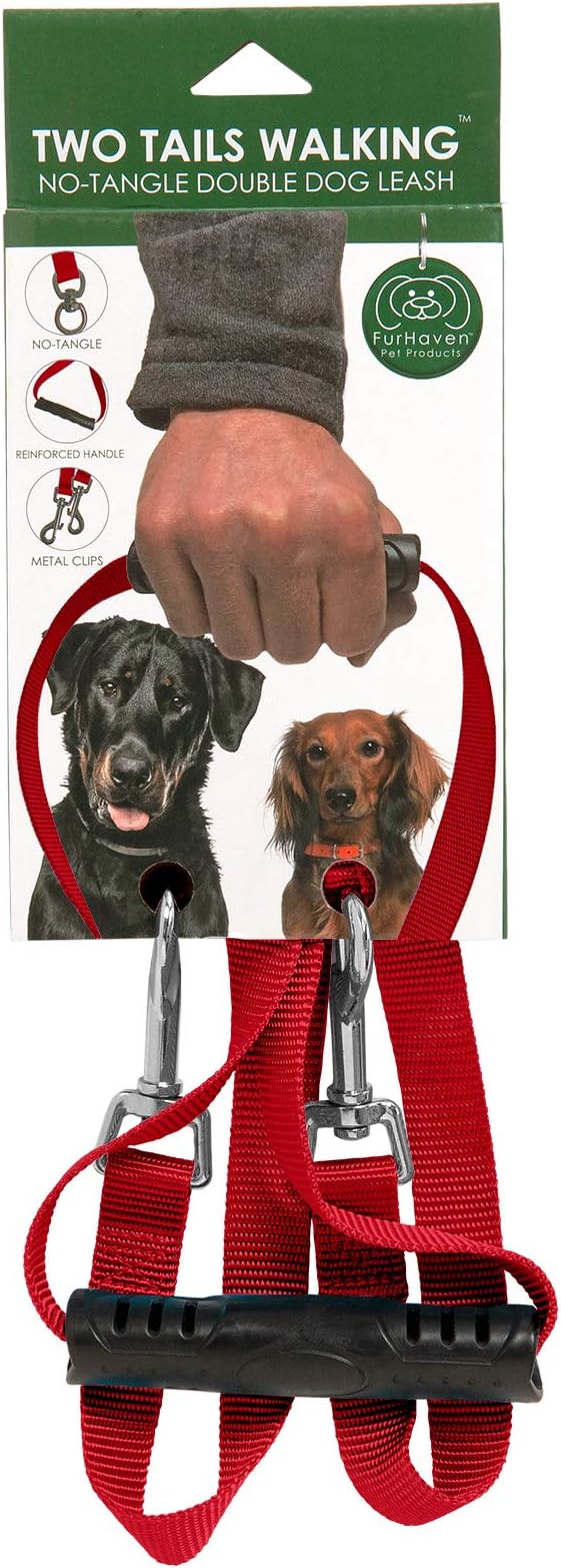 Furhaven Two Tails Walking Tangle-Free Dual Dog Leash - Ruby Red, One Size