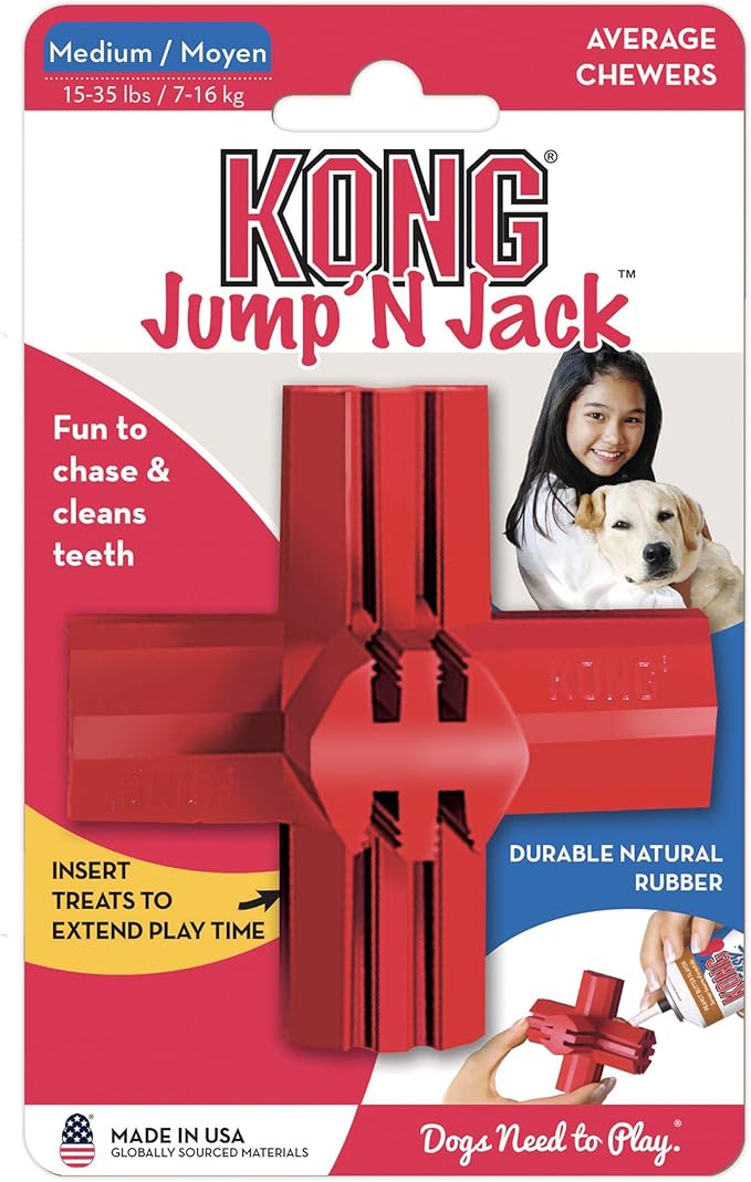 KONG Jump'N Jack - Dog Toy for Chewing Instincts- Natural Rubber Toy Promotes Dental Health - Use with Dog Treats or Peanut Butter for Extended Entertainment - for Large Dogs